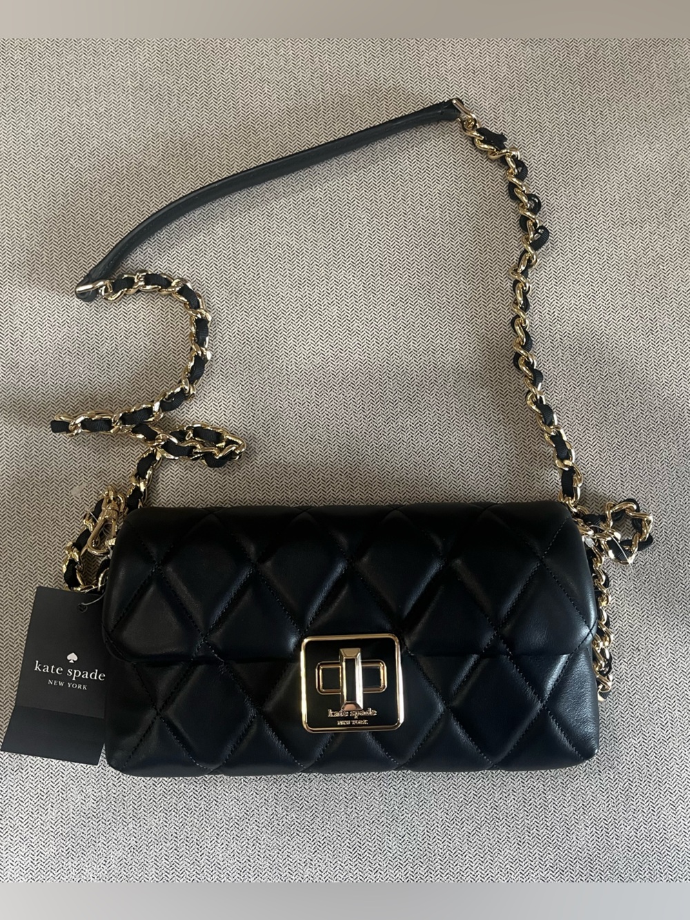 Kate Spade Black Quilted Leather Chain Shoulder Bag with Gold Hardware